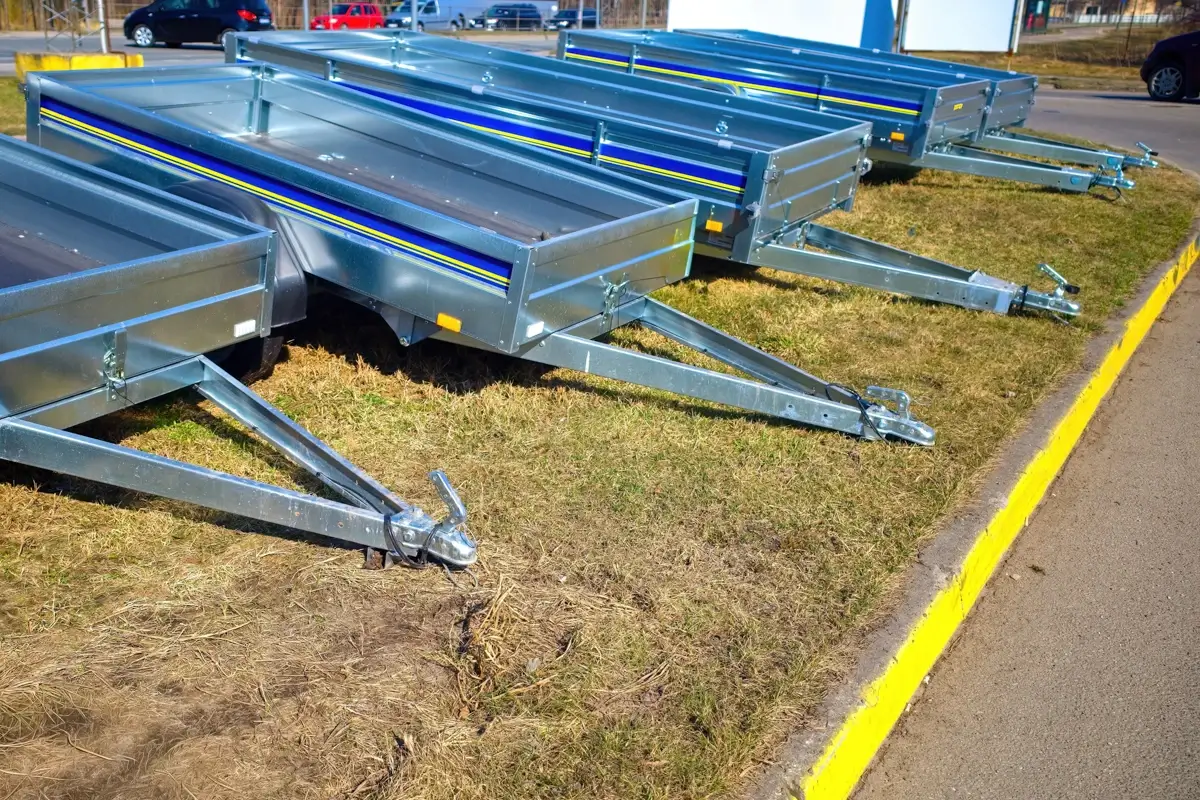 A row of new, galvanized steel utility car trailers parked on a grassy strip next to a paved road